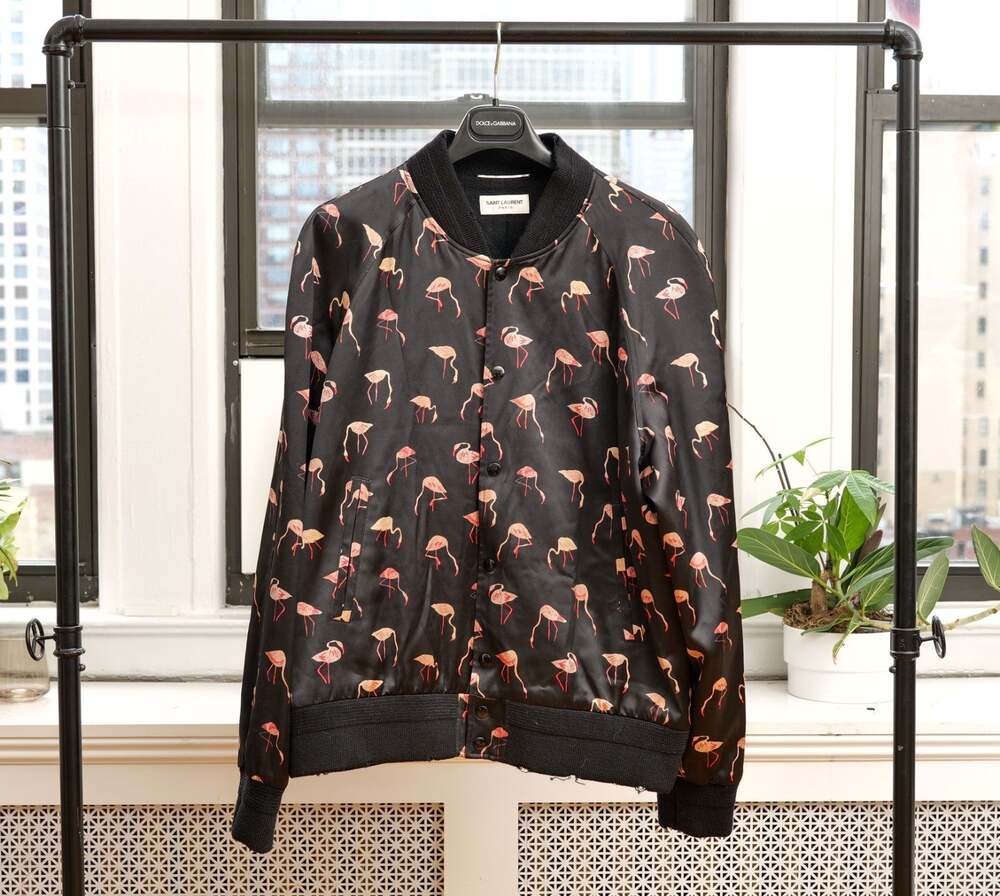 Saint Laurent 2017 Flamingo Satin Teddy Bomber Jacket 485509 (IT 52 / US 42)